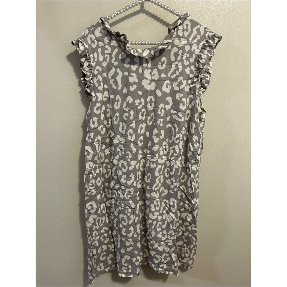 Mary Square Gray Leopard Print Ruffle Sleeve Dress Large Viscose